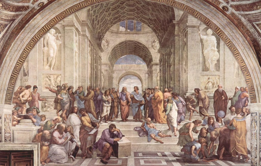 A congregation of philosophers, mathematicians, and scientists from Ancient Greece, including Plato, Aristotle, Pythagoras, Archimedes, Heraclitus and Zarathustr the Iranian prophet are depicted.